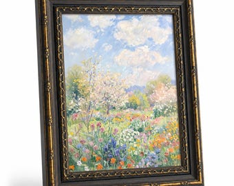 Cuadro al óleo enmarcado estilo Monet de un jardín de flores primaverales, impresión en lienzo de un paisaje de cerezos en flor y flores silvestres, decoración para el hogar de estilo rústico.