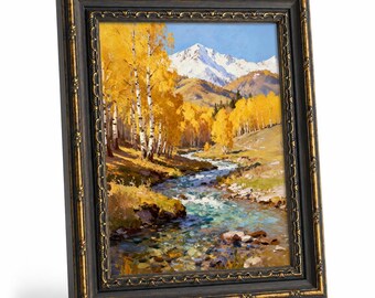 Cuadro al óleo sobre lienzo con álamos dorados y arroyos de montaña, picos nevados otoñales y paisaje occidental, decoración de pared enmarcada.