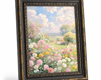Cuadro en lienzo de un prado de flores silvestres en tonos pastel, paisaje floral primaveral impresionista, estilo campestre francés, decoración de pared enmarcada.