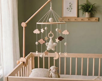 Boho Space Baby Mobile, Neutral Wooden Crib Mobile, Crochet Star, Moon, Clouds and Planets, Celestial Nursery Decor, Baby Shower Gift