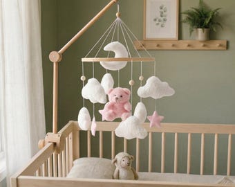 Pink Teddy Bear Baby Mobile with Fluffy Clouds & Stars, Baby Girl Nursery Decor, Wooden Crib Mobile with Optional Arm, Baby Shower Gift