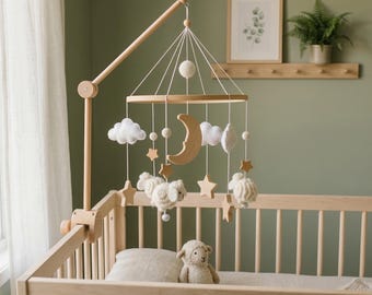 Neutral Sheep Baby Mobile with Wooden Moon and Stars, Cloud Nursery Decor, Gender Neutral Crib Mobile, Optional Wooden Arm Attachment