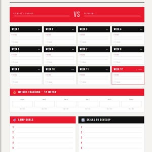 May include: A 12-Week Fight Camp tracker with a red and black design. The planner includes sections for weekly focus, weight tracking, camp goals, skills to develop, and camp notes. The text "Fight Camp Program" is at the top.