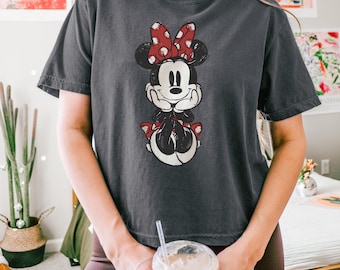 Boxy Tee Vintage Minnie Mouse Shirt, Comfort Colors Ivory Graphic Tee, Retro Disneyland Vacation TShirt, Cute Red Bow Mouse Top