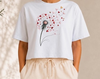 Oversized shirt, Heart Dandelion Crop Top T-Shirt, Cute Valentines Day Gift for Her, Aesthetic Boho Graphic Tee, Romantic Floral Shirt