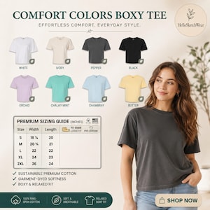 May include: A woman wearing a pepper-colored Comfort Colors boxy tee. The image displays a color chart of available t-shirt colors: white, ivory, pepper, black, orchid, chalky mint, chambray, and butter. A sizing guide in inches is also included.