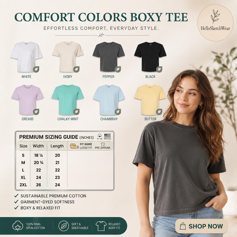 May include: A woman wearing a pepper-colored Comfort Colors boxy tee. The image displays a color chart of available t-shirt colors: white, ivory, pepper, black, orchid, chalky mint, chambray, and butter. A sizing guide in inches is also included.