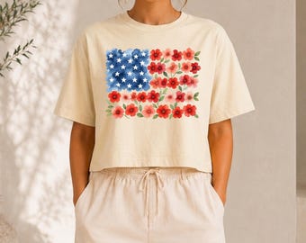 Gift For Her, Floral American Flag Boxy Tee, Patriotic Flower Crop Shirt, 4th of July Floral Tee, Women's Independence Day Gift