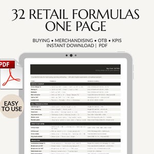 May include: A digital document displayed on a tablet screen. The document is titled "32 RETAIL FORMULAS ONE PAGE" and includes sections on buying, merchandising, OTB, and KPIs. A PDF icon is visible, along with the text "EASY TO USE."