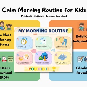Peut inclure: Un tableau imprimable et modifiable "Routine matinale calme pour les enfants". Le tableau comprend des étapes telles que se réveiller, se brosser les dents, s'habiller, prendre le petit-déjeuner, préparer son sac à dos et mettre ses chaussures.