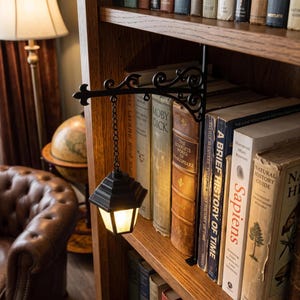 Miniaturowa lampa dekoracyjna w formie półki na książki, ciepłe oświetlenie LED na półkę, zabytkowa latarnia biblioteczna, wzory z duchem czarownicy i wesołym miejscem, przytulny prezent do kącika książkowego