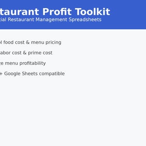 Könnte beinhalten: Ein blaues Banner zeigt "Restaurant Profit Toolkit" und "5 Essential Restaurant Management Spreadsheets". Darunter listen Aufzählungspunkte Funktionen auf: Kontrolle der Lebensmittelkosten, Verfolgung der Arbeitskosten, Analyse der Menürentabilität und Excel/Google Sheets-Kompatibilität.