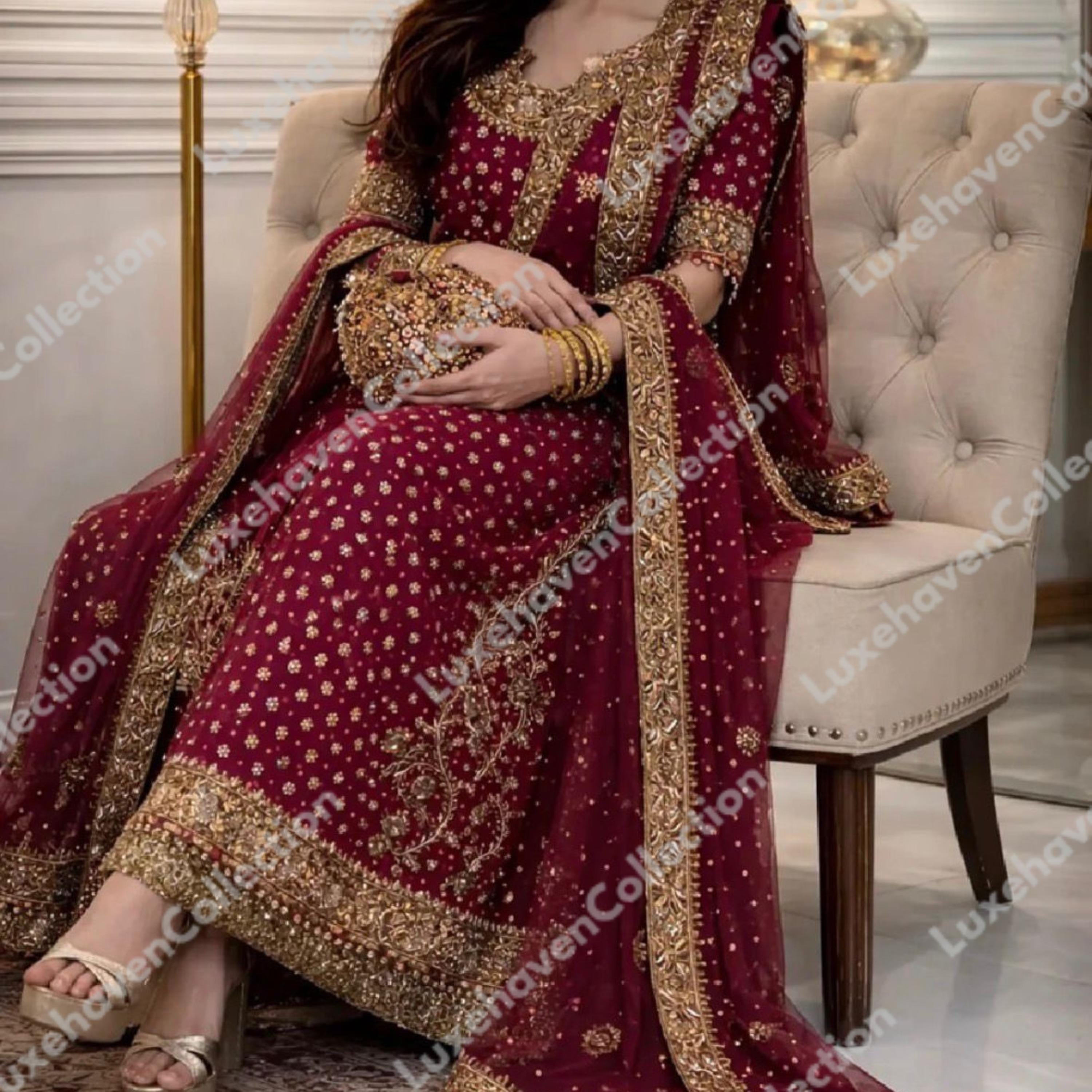 slim fit dress slacks Pakistani Bridal Gown With Dull Gold Embroidered Work – BridalLehenga
