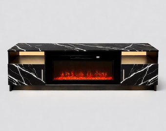 Modern Black Marble Fireplace TV Stand | 70" Entertainment Center Console