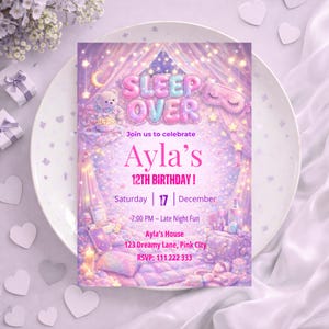 Sleepover Birthday Invitation, Girls Slumber Party Invite, Pastel Pajama Bash, Mobile Digital Evite, Editable Canva Template, 5x7 Printable