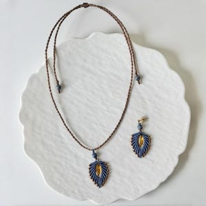 Macrame Boho Earrings & Necklace Set - Handwoven Waxed Cord Leaf Pendant Jewelry