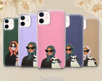 Fashion Girl Cat Phone Case Chic Scarf Lady Cover for iPhone 17Pro, 16, 15, 14, 13, 12, Samsung S25, S24, S23FE, S22, A16, A26, Pixel 10, 9