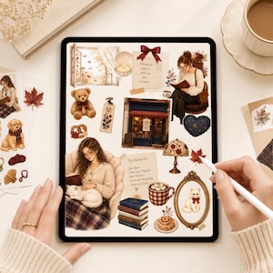 May include: A digital tablet screen displaying a collection of cosy autumn-themed stickers including a person reading, a teddy bear, a bookstore, a cat, books, a mug, a lamp, and a reading list with text, all arranged on a light background.