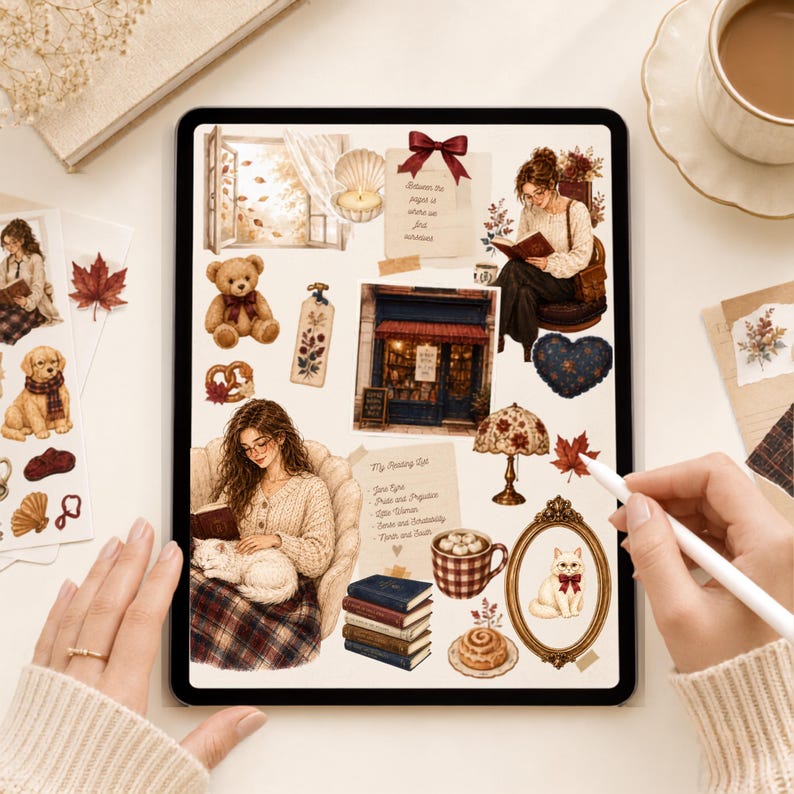 May include: A digital tablet screen displaying a collection of cosy autumn-themed stickers including a person reading, a teddy bear, a bookstore, a cat, books, a mug, a lamp, and a reading list with text, all arranged on a light background.
