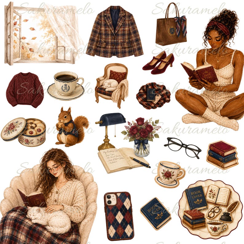 Cozy Book Lover Clipart, Autumn Reading PNG, Vintage Library Clip Art, Bookish Journal Stickers｜preppy｜IVY image 7