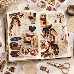 May include: An open journal filled with autumn-themed stickers and paper cutouts, including illustrations of a person reading, a golden retriever, a teddy bear, a cat on a chair, stacks of books, a plaid mug, a pretzel, and handwritten notes.