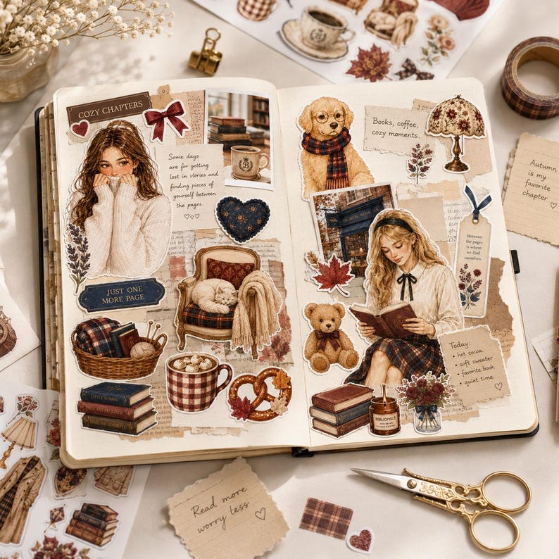 May include: An open journal filled with autumn-themed stickers and paper cutouts, including illustrations of a person reading, a golden retriever, a teddy bear, a cat on a chair, stacks of books, a plaid mug, a pretzel, and handwritten notes.