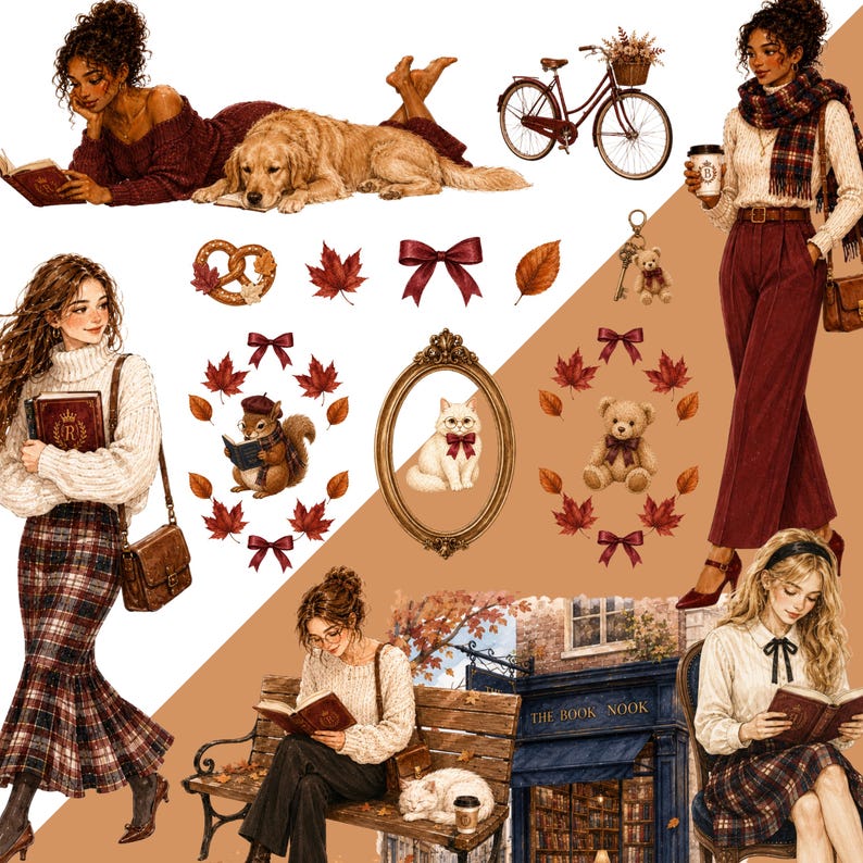 May include: A collection of digital illustrations featuring people reading books, a golden retriever, a bicycle, a squirrel, a teddy bear, a cat in a frame, autumn leaves, bows, a pretzel, and a bookstore storefront labelled The Book Nook.