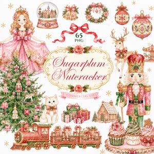 Könnte beinhalten: Eine digitale Sammlung von Aquarell-Weihnachtsillustrationen mit einem Mädchen im rosa Kleid, einem Nussknacker, einem geschmückten Baum, einem Rentier, einem Zug, Geschenken, einem Lebkuchenhaus, Cupcakes und dem Text Sugarplum Nutracker.