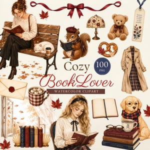 Cozy Book Lover Clipart, Autumn Reading PNG, Vintage Library Clip Art, Bookish Journal Stickers｜preppy｜IVY image 1