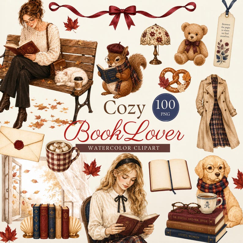 Cozy Book Lover Clipart, Autumn Reading PNG, Vintage Library Clip Art, Bookish Journal Stickers｜preppy｜IVY image 1