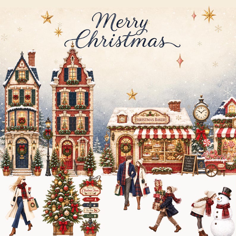 Imágenes prediseñadas de acuarela de un pueblo navideño vintage | 101 ...