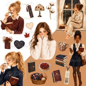 Cozy Book Lover Clipart, Autumn Reading PNG, Vintage Library Clip Art, Bookish Journal Stickers｜preppy｜IVY image 6
