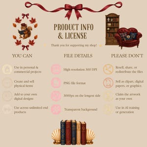 May include: A digital product information and licence sheet featuring a squirrel illustration, a bookshelf, a red armchair, and five books between shell bookends. The text includes headings for product info, licence, file details, and usage terms.