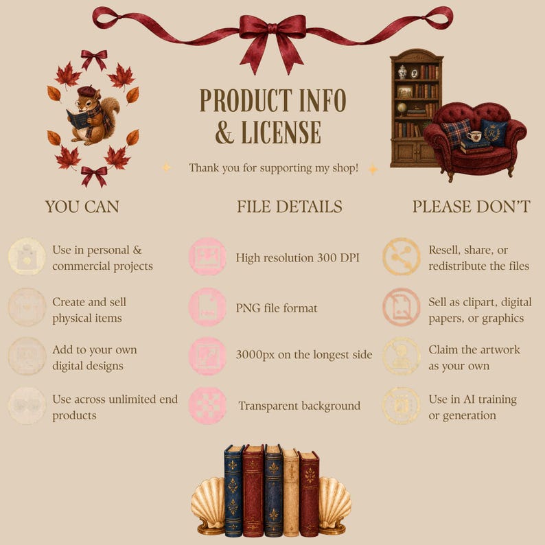 May include: A digital product information and licence sheet featuring a squirrel illustration, a bookshelf, a red armchair, and five books between shell bookends. The text includes headings for product info, licence, file details, and usage terms.
