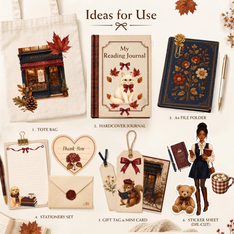 Cozy Book Lover Clipart, Autumn Reading PNG, Vintage Library Clip Art, Bookish Journal Stickers｜preppy｜IVY image 11