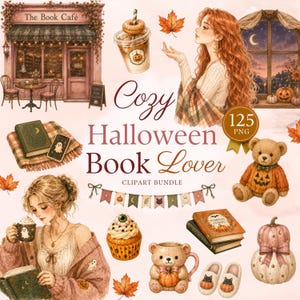 Cozy Halloween Book Lover Clipart Bundle, Watercolor Witch PNG, Bookish Autumn Clipart, Junk Journal, Cottagecore, Reading Journal, 125 PNG