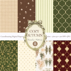 Op de afbeelding: Een collectie van acht digitale papieren met naadloze patronen in herfstkleuren, waaronder beige gingham, bruine bloemen, crèmekleurige strepen, groen vierpaspatroon, groen damast, crèmekleurige stippen, bosbomen en een donkerrood ruitpatroon.