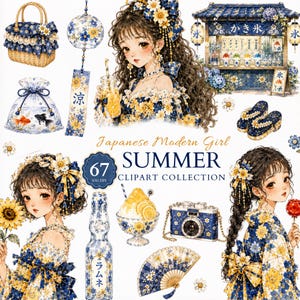 Japanese Summer Modern Girl Clipart Bundle, 50 PNG, Watercolor Yukata Girl, Kawaii Japan Planner Stickers, Commercial Use