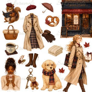 May include: A digital illustration collection featuring a squirrel reading, a beige trench coat, a wicker basket, a coffee mug, a pretzel, a red beret, a plaid umbrella, brown gloves, a folded scarf, a key chain with a teddy bear, and a golden retriever.