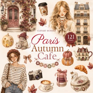 Paris Autumn Cafe Clipart Bundle | 121 Watercolor PNG | Cozy Fall, French Cottage, Halloween, Vintage Printable, Junk Journal