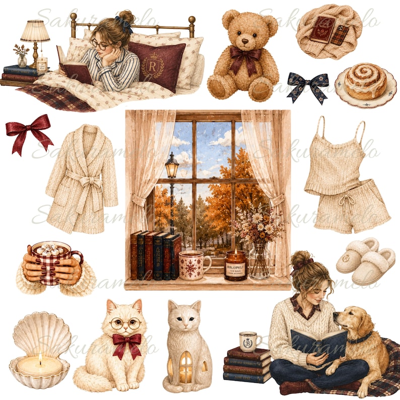 May include: A collection of cosy autumn-themed illustrations featuring a person reading in bed, a teddy bear, a cinnamon roll, a robe, a window view with autumn trees, a mug, a cat with glasses, a candle in a shell, and a person reading with a dog.