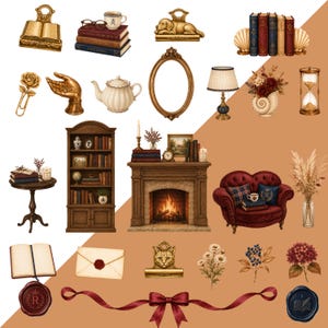 May include: A collection of digital illustrations featuring a fireplace, a bookshelf, a red sofa, a table, a lamp, an hourglass, a teapot, a mirror, a hand sculpture, a rose paperclip, a cat clip, books, flowers, and wax seals.