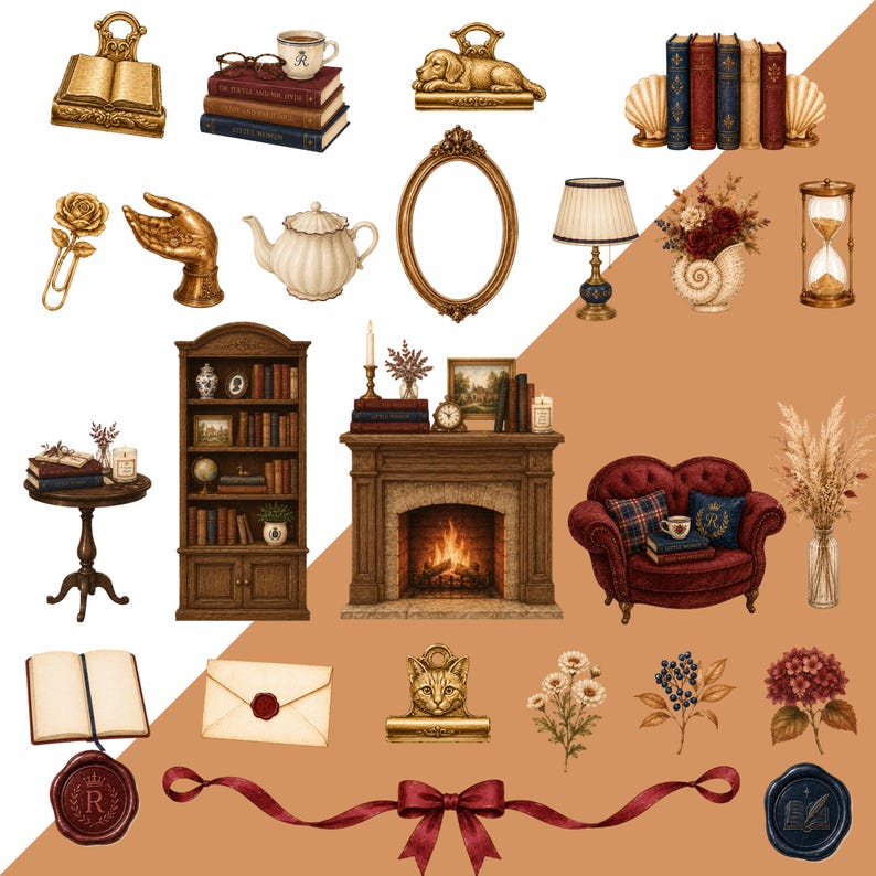 May include: A collection of digital illustrations featuring a fireplace, a bookshelf, a red sofa, a table, a lamp, an hourglass, a teapot, a mirror, a hand sculpture, a rose paperclip, a cat clip, books, flowers, and wax seals.