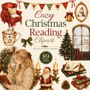 Cozy Christmas Reading Clipart, 89 PNG Watercolor Book Lover Holiday Illustrations