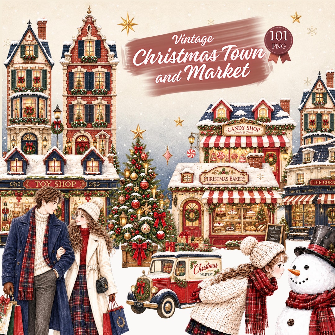 Imágenes prediseñadas de acuarela de un pueblo navideño vintage | 101 ...