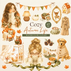 Cozy Autumn Life Watercolor Clipart Bundle, Fall Aesthetic PNG, Cozy Home Decor, Planner, Junk Journal, Commercial Use