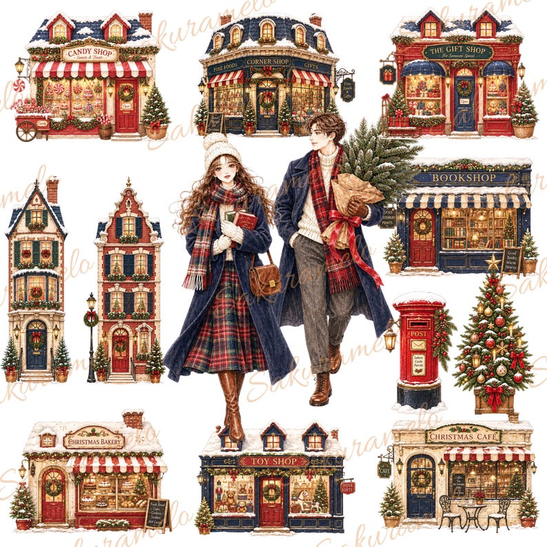 Imágenes prediseñadas de acuarela de un pueblo navideño vintage | 101 ...