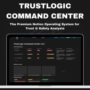 Puede incluir: Una pantalla de portátil muestra la interfaz "TrustLogic Command Center", un sistema operativo premium para analistas de confianza y seguridad. La pantalla muestra herramientas de análisis de datos y un panel de control.