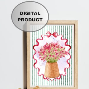 Może przedstawiać: Cyfrowy wydruk artystyczny z akwarelową ilustracją bukietu różowych kwiatów w wiklinowym koszu. Grafika jest oprawiona w drewnianą ramę i umieszczona na zielono-białym tle w paski. Czerwona wstążka zdobi górę.