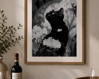 Black Cat Wall Art Print, Gothic Floral Cat Poster, Botanical Decor, Black and White Cat Artwork,Gift For Cat Lovers,Modern Minimalist Print